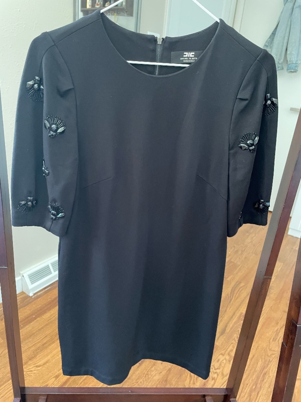 Italy Designer Black Mini Dress | 3D Crystal Jewel Sleeve Embellishments Size S